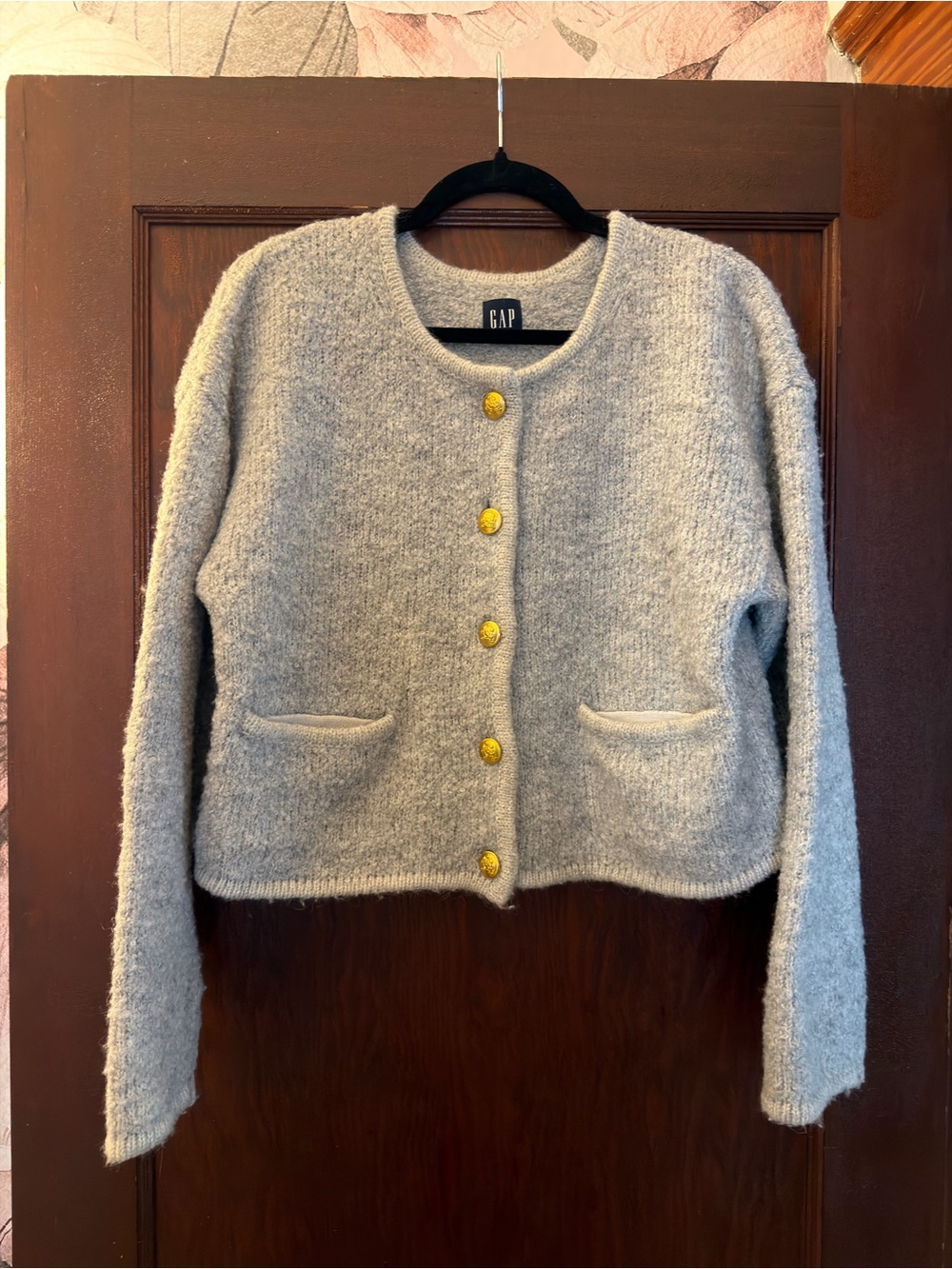 GAP Women's Light Gray Cropped Button Cardigan with Gold Buttons